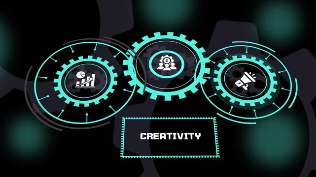 Creativity concept featuring futuristic business dashboard, innovative thinking, collaborative problem solving, workplace inspiration and organizational development.