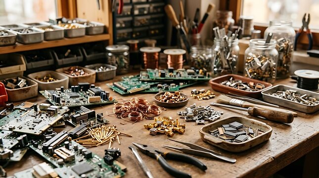 Cluttered electronics repair workbench with tools and circuit boards