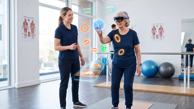 Senior woman uses augmented reality headset for rehabilitation exercises with a female therapist.