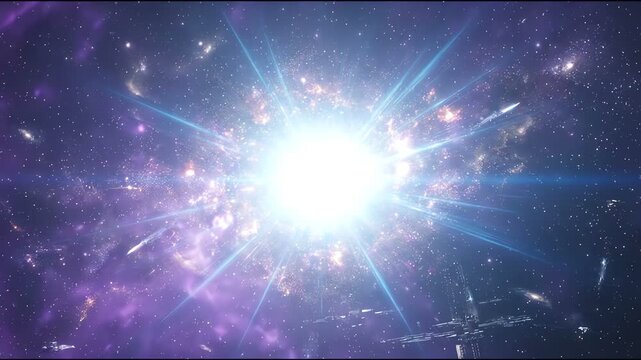 Supernova explosion in deep space. Cosmic light burst with glowing rays and nebula clouds.