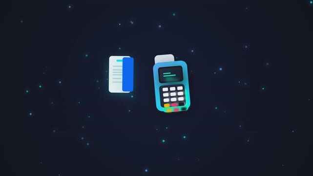 Electronic payment terminal processing financial transactions via digital animation motion footage on dark blue background surface