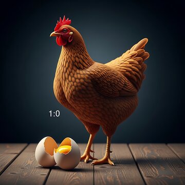 Red rooster standing on wooden perch with food.