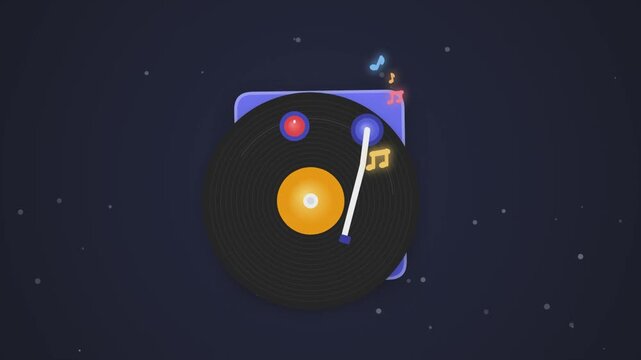 Vinyl record player spinning musical notes in this colorful flat animation design motion video footage loop