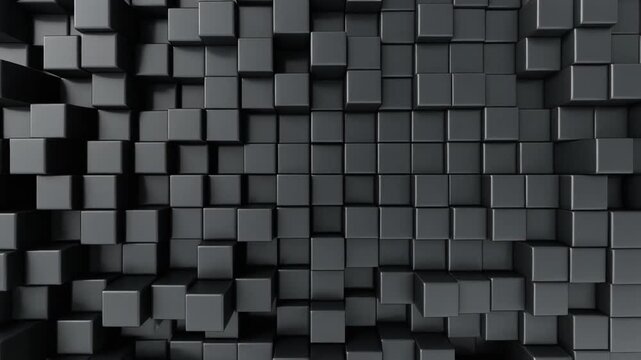 Abstract dark metallic cubes background in 3D animation, featuring modern geometric pattern, dynamic depth, relief texture, and futuristic design.