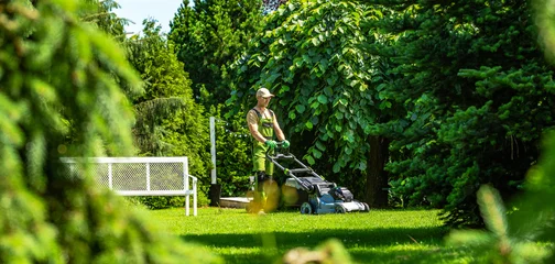 Gardener mows lawn in peaceful backyard on a sunny day © Tomasz Zajda