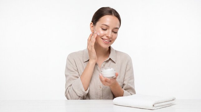 Woman applying facial moisturizer during daily skincare and self care routine