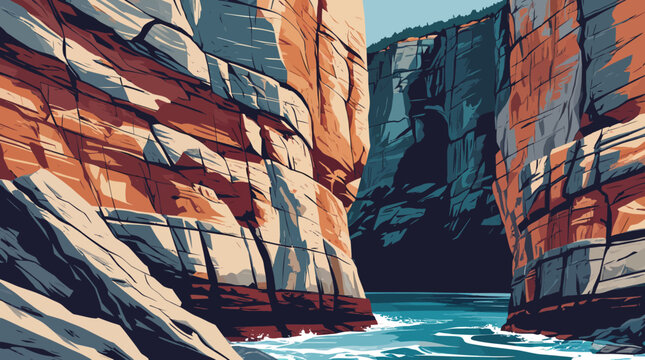 Stylized illustration of a narrow river canyon with steep layered rock walls.