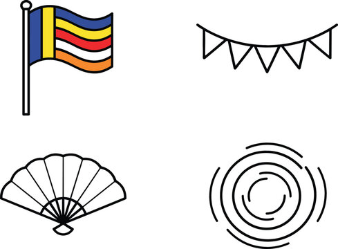 Buddhist Festival and Culture Line Icon Set Featuring Six Colored Buddhist Flag Hanging Bunting Garland Traditional Hand Fan and Zen Circle Enso Symbols