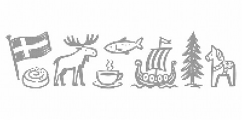 Set of scandinavian icons and symbols, including a swedish flag, moose, fish, coffee cup, viking ship, pine tree, dala horse, and cinnamon roll, halftone style © Rehena