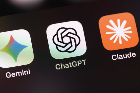 Claude by Anthropic, ChatGPT by OpenAI, Gemini by Google mobile icons app on a screen smartphone iPhone. Claude, ChatGPT, Gemini are leading AI-powered chatbots. Batumi, Georgia - June 16, 2026