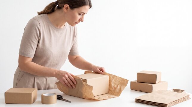 Small business owner packing ecommerce order for online customer delivery