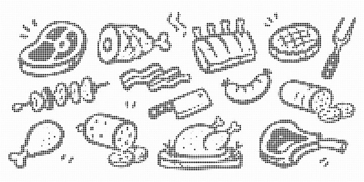 Set of meat and barbecue food icons, hand drawn doodle style, halftone dot pattern effect