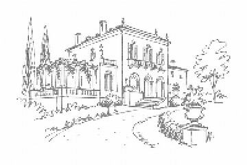 Fototapeta premium Old european villa or country house with garden and trees, handdrawn halftone style illustration