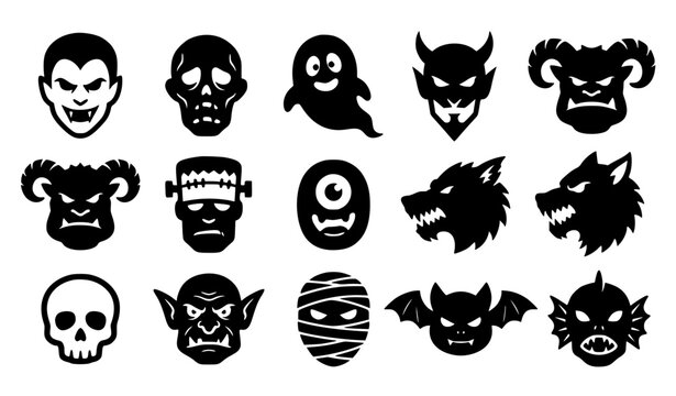 Spooky Monster Face Silhouettes Black Halloween Vector Icon Pack