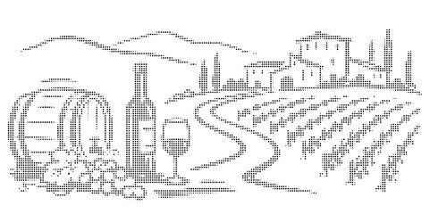 Fototapeta premium Vineyard landscape with wine barrel, bottle, glass, and grapes in halftone style