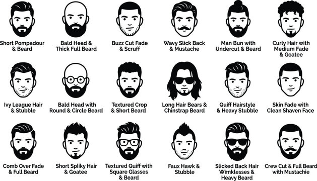 Male hairstyle and beard icons set, 18 men's grooming vector avatars, facial hair and haircut styles for barbershop branding