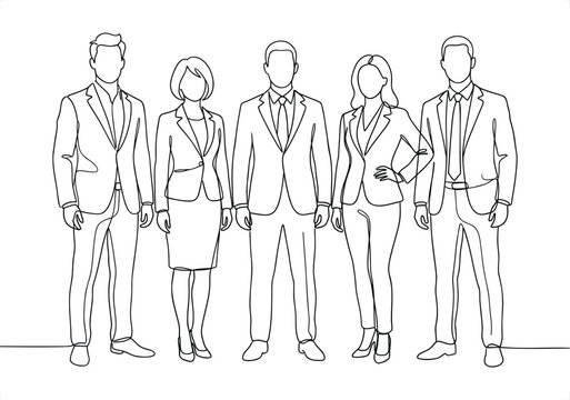 Minimalist business team line art, professional corporate group illustration, five office workers in formal suits vector eps