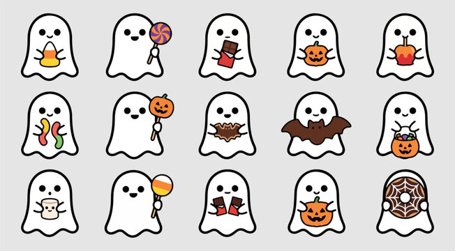 Kawaii Halloween Ghost Vector Set Holding Candy and Trick or Treat Snacks