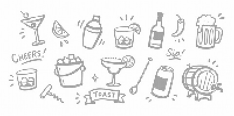 Fototapeta premium Set of hand drawn bar and alcohol drinks elements cocktail, beer, wine, whiskey, shaker, lime, ice, bottle, barrel, cheers, toast, corkscrew, glass, beverage, pub, bar icons