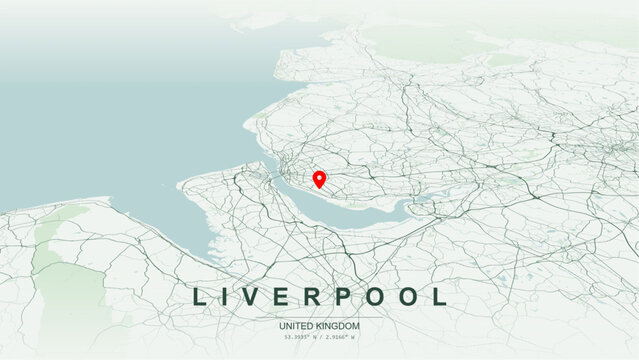 Minimalist vector map of Liverpool, Merseyside, England. High-quality scalable illustration of Liverpool geographic boundaries along River Mersey estuary and Royal Albert Dock for posters design.