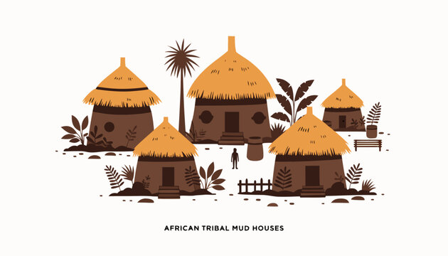 Very beautiful realistic vector illustration of traditional African Tribal Mud Houses with thatched roofs and village scenery, centered caption below illustration: "AFRICAN TRIBAL MUD HOUSES", isolate