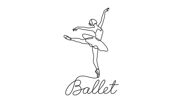 Elegant line art illustration of a ballet dancer performing an arabesque with the word ballet beneath in a stylish script
