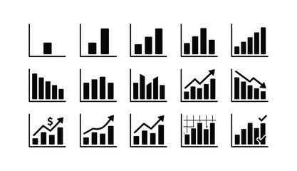 Obraz premium Set of black and white bar chart and graph icons for business data analysis and financial reporting