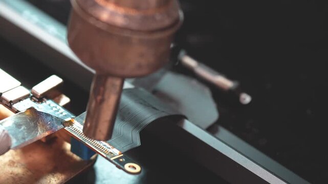 Close-up of technician repairing laptop video connector with precision soldering tools