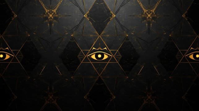 Mystical geometric wall design with glowing eye symbols in dark metallic background with showcases intricate abstract wall pattern composed interconnected triangles