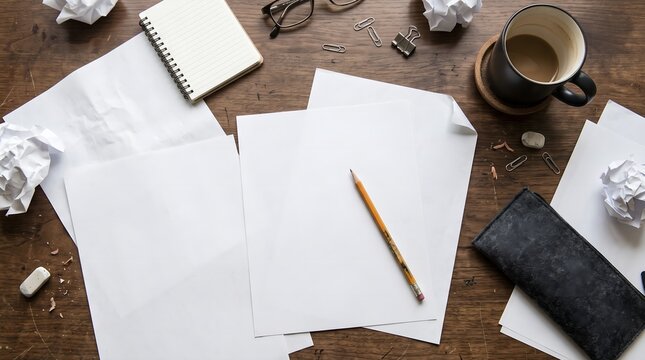 Flat lay of a messy wooden desk with blank papers, pencil, crumpled notes, and coffee. Concept of writer block, brainstorming, or creative struggle.