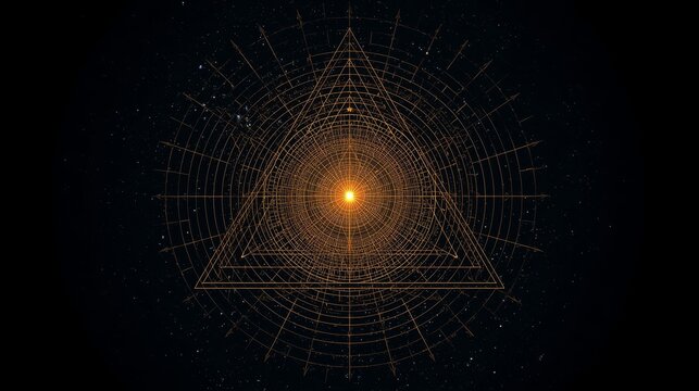 Mystical glowing sacred geometry composition with radiant central light with luminous central point against starry cosmic background geometry concentric triangles
