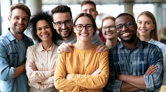 Diverse group of smiling young adults standing together indoors in a modern setting
