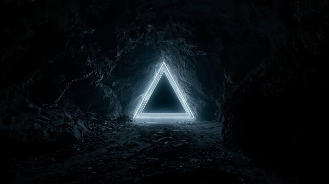 Mysterious glowing triangular portal in dark cave with ethereal lighting with shadowy cavern luminous triangular frame emitting otherworldly glow center