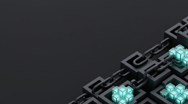 Abstract digital cubes connected with chains in dark studio with blue light conceptualizing network security