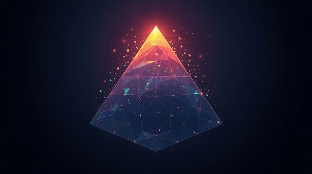 Low poly pyramid with glowing apex and radiant abstract particle effects against dark background with surrounded vibrant abstract energy particles against deep cosmic backdrop