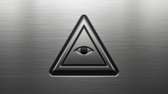 Engraved metallic triangular emblem featuring eye design on brushed steel background with showcases sleek engraved against textured brushed with motif centered inside