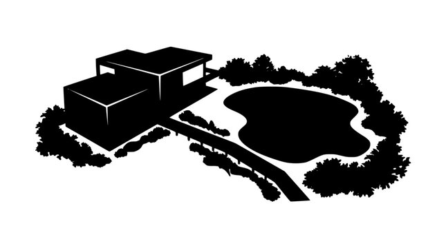 Minimalist modern house silhouette with swimming pool and garden