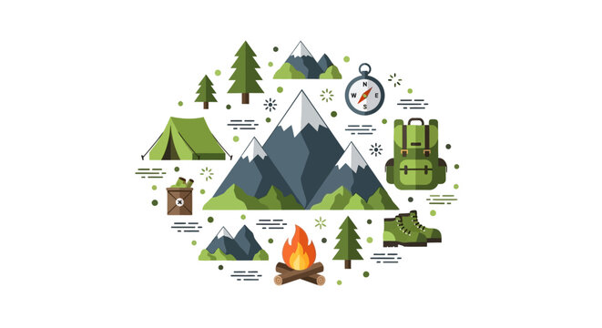 Camping and Outdoor Adventure Vector Illustration with Flat Design Icons of Mountains, Tent, Backpack, and Campfire on White Background