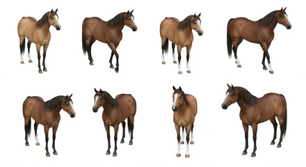Obraz premium eight horse illustrations in various coat colors walking on a white background equine breeds for design resources