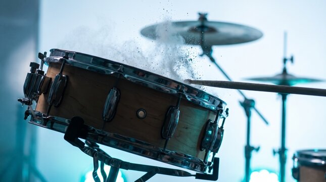 Drumstick hitting snare drum with dust explosion in studio