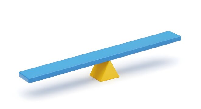 Minimal blue seesaw balancing on yellow triangle with white background