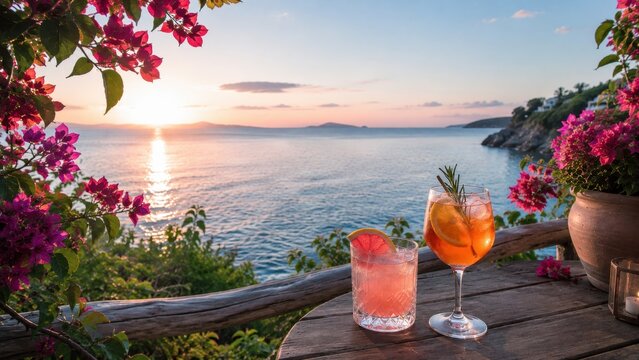 Colorful Sunset Cocktails Mediterranean Coast Romantic Evening Scenic Seaside Relaxation Escape Experience