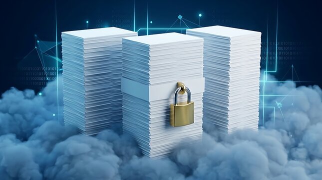 Stack of documents secured with a padlock in icy cold storage. Frozen files under digital encryption for data protection and confidentiality.