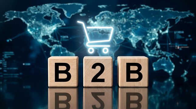 B2B business concept with glowing blocks and shopping cart. Digital commerce strategy for corporate partnerships and online sales growth.