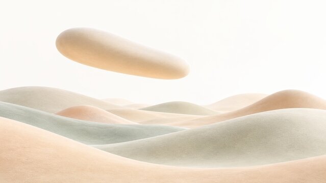 Abstract illustration of soft, undulating hills in pastel colors with a floating oval shape above, creating a serene and minimalistic landscape composition