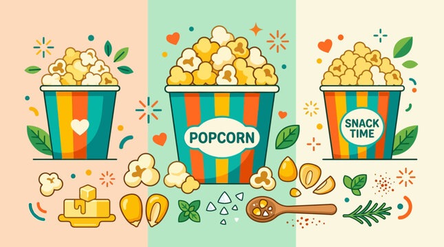 Colorful illustration of three popcorn buckets with playful design elements and snack toppings