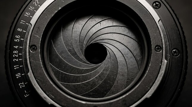 Macro close-up of a camera lens aperture blades creating a circular spiral pattern with depth of field focus