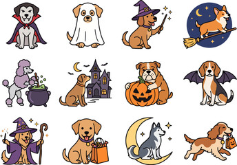 Fototapeta premium Set of cute cartoon dogs dressed in various halloween costumes including vampires ghosts witches and pumpkins for holiday celebration