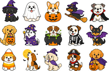 Fototapeta premium Set of cute cartoon puppies dressed in various halloween costumes including witches ghosts pumpkins and vampire outfits for children
