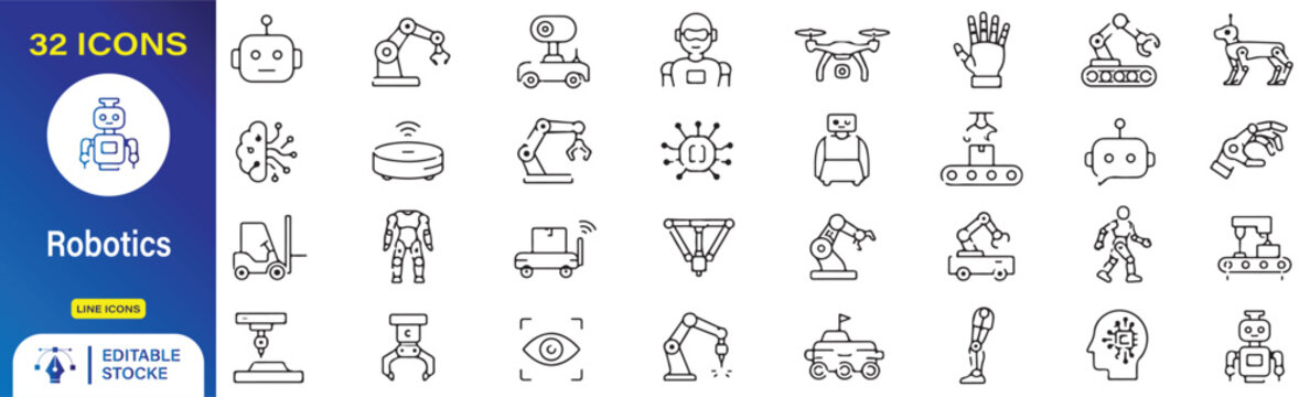 32 Robotics Vector Outline Icons Set &ndash; Industrial Robot, AI Automation, Robotic Arm, Drone and Smart Machine Line Symbols Collection.